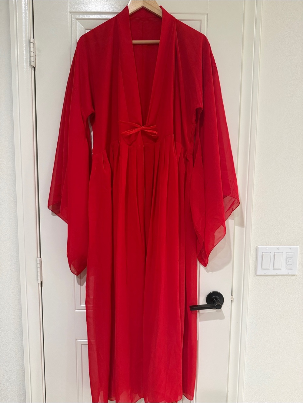 Red Sheer Kimono-Style Dress with Bow Detail